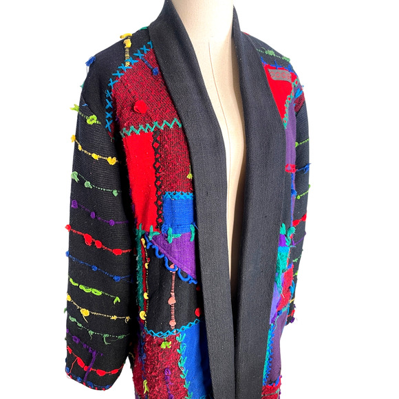RARE! Vintage 90s COOGI Mens S Woven 3D Sweater Coat Long Duster Cardigan Black - Picture 5 of 16